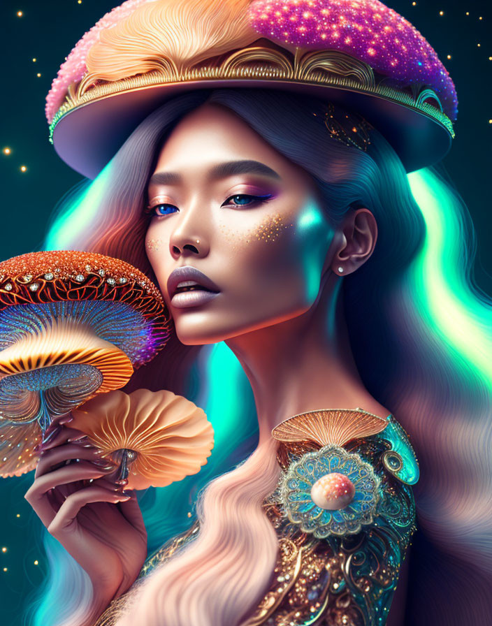 Colorful Woman with Exotic Mushrooms and Jellyfish Hat on Teal Background