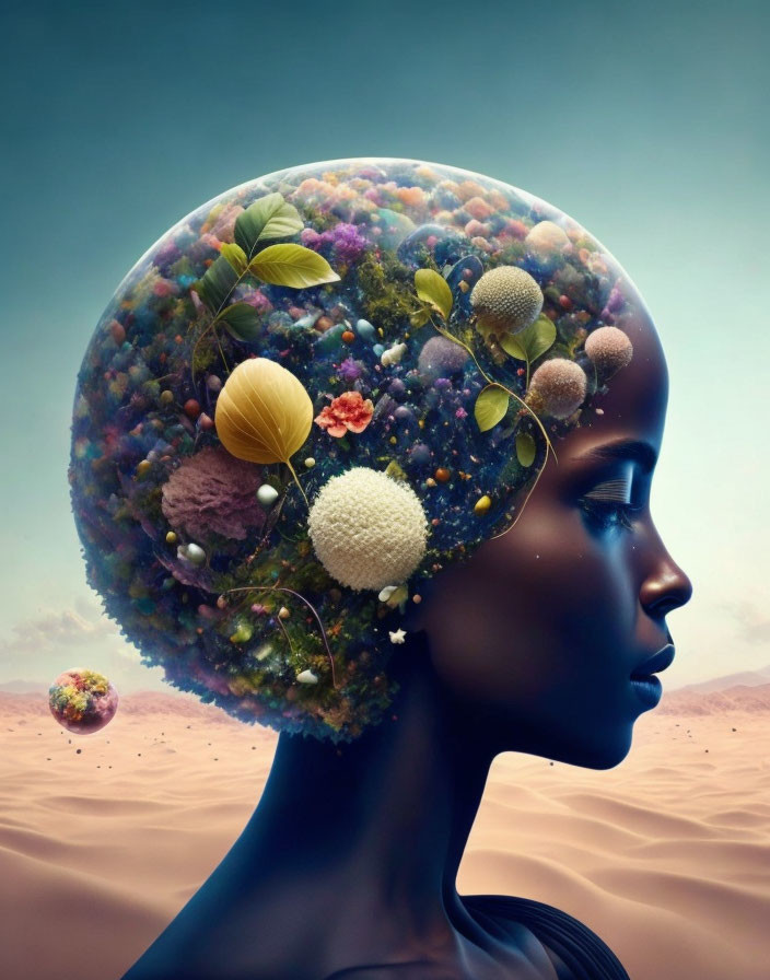 Woman's profile with artistic globe head of lush flora and orbs in desert setting