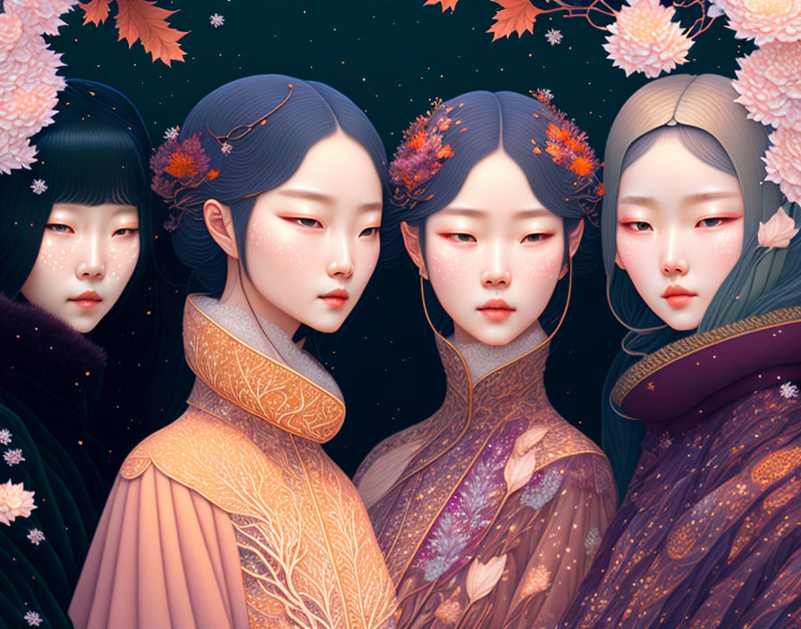 Illustrated Women with Asian Features in Traditional Garments and Floral Background