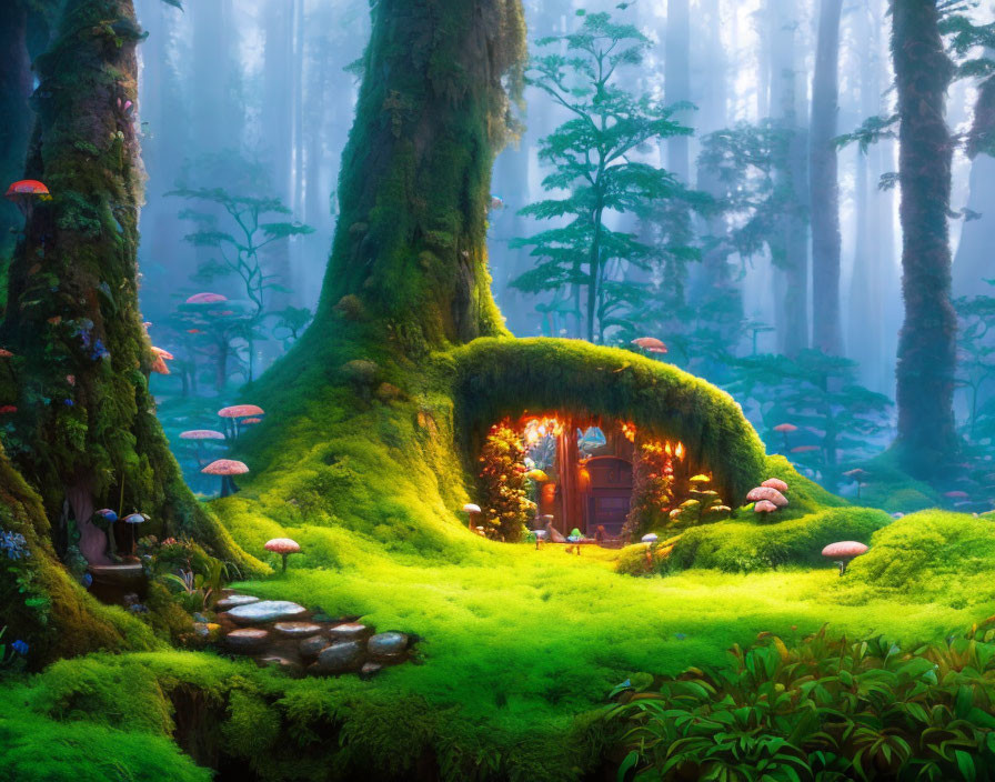 Magical forest scene with moss-covered treehouse, glowing doorway, bioluminescent mushrooms, mist