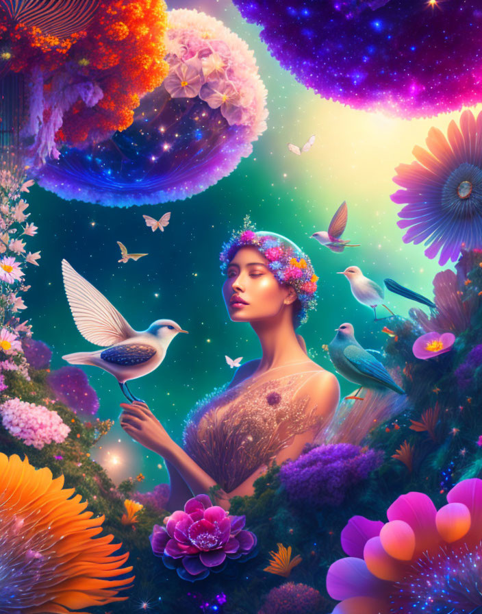 Serene woman with vibrant flowers and birds in cosmic setting