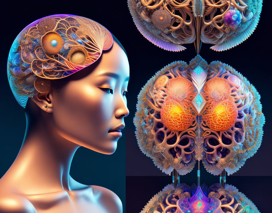 Fractal-inspired headdress on female figure in digital artwork