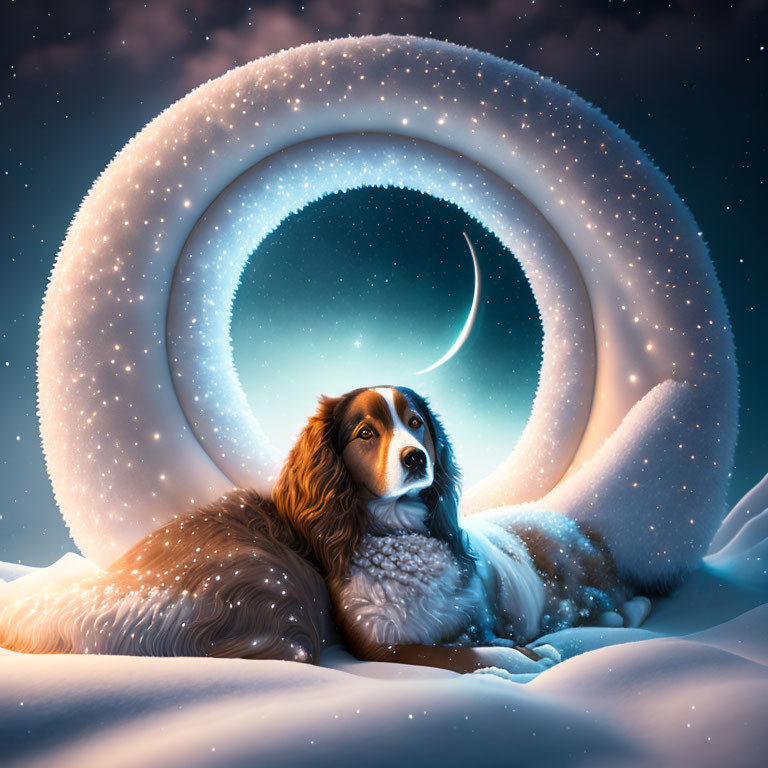 Dog resting under surreal crescent moon in starry snowy night