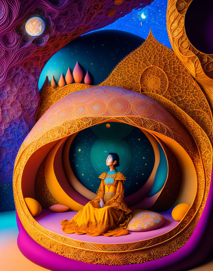 Elaborately dressed person in vibrant, psychedelic setting