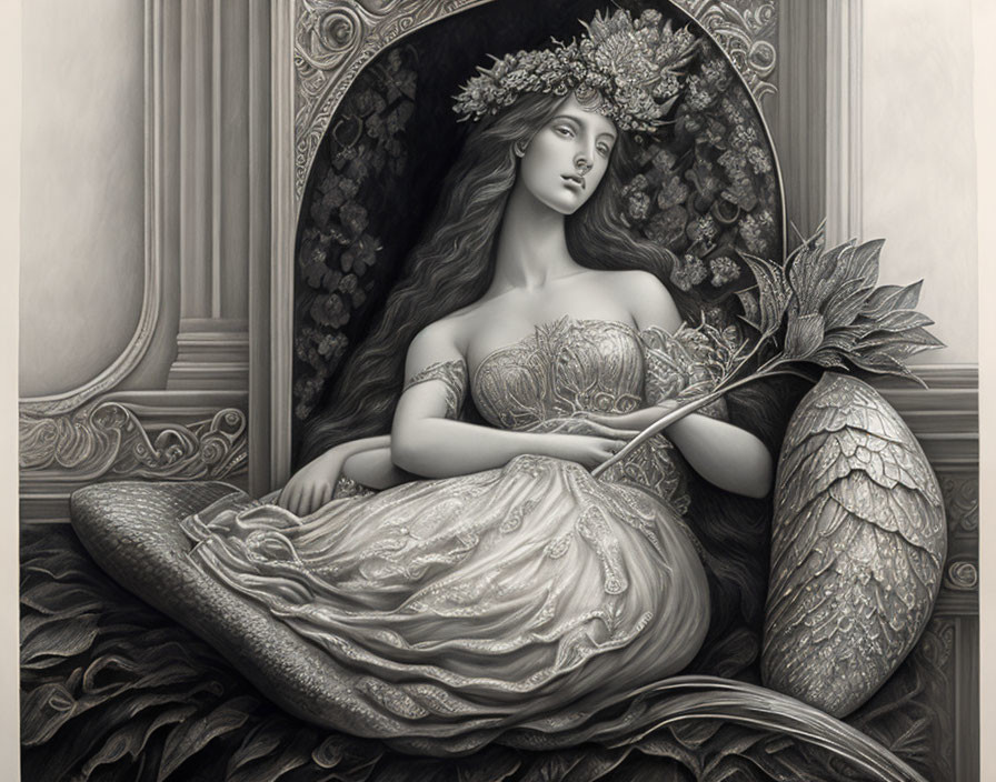 Monochromatic illustration of woman with floral wreath and sunflower in ornate chair