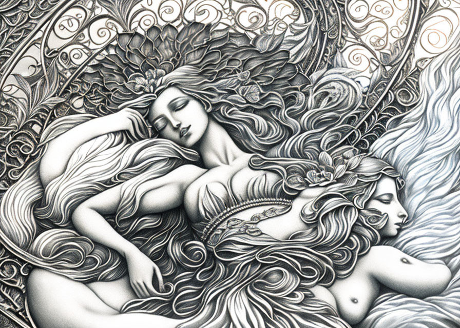 Monochrome illustration of two ethereal women with flowing hair and feathered details