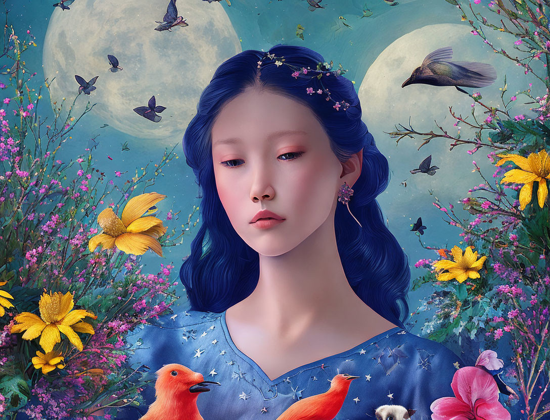 Digital artwork featuring woman with blue hair amidst vibrant flowers, birds, and butterflies under moonlit sky