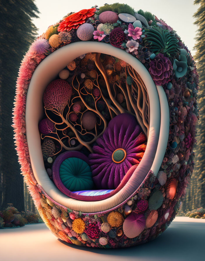 Circular surreal sculpture with vibrant floral designs in forest setting