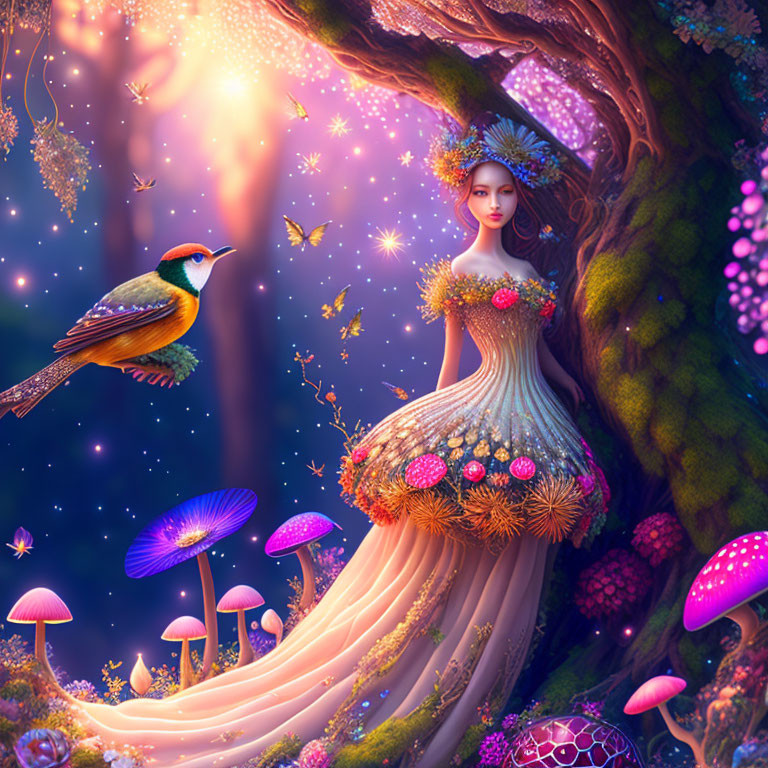 Fantastical woman in floral gown by tree with vibrant mushrooms, bird, and sparkling lights