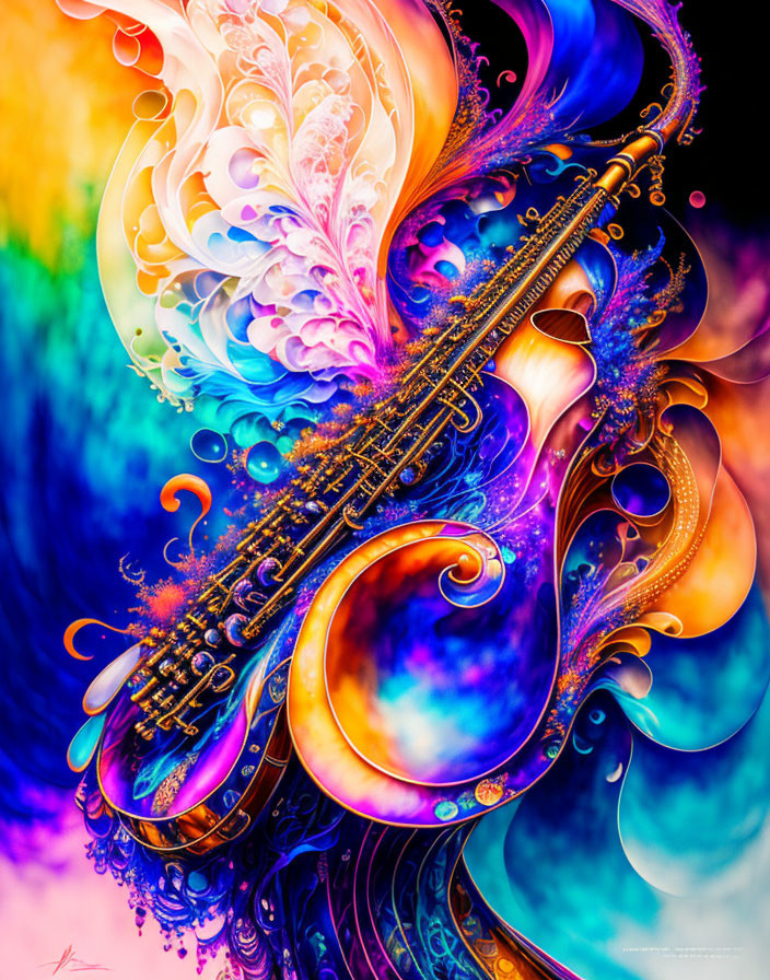 Colorful Abstract Saxophone Illustration with Swirling Patterns and Floral Motifs