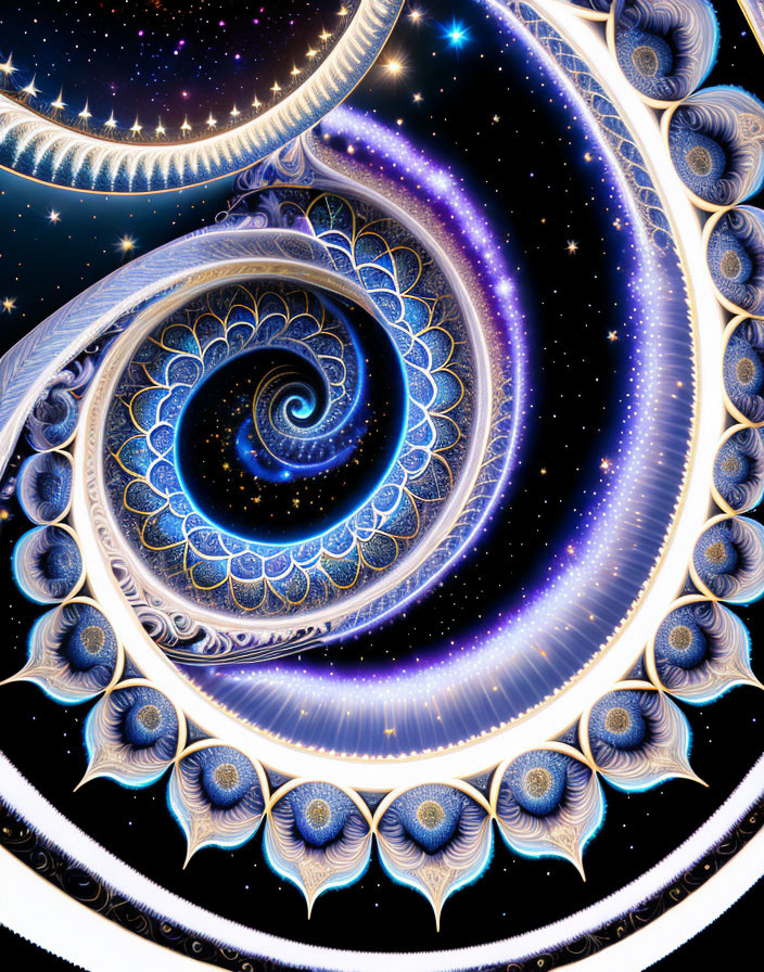 Blue and Gold Spirals Fractal Image with Peacock Feather Patterns