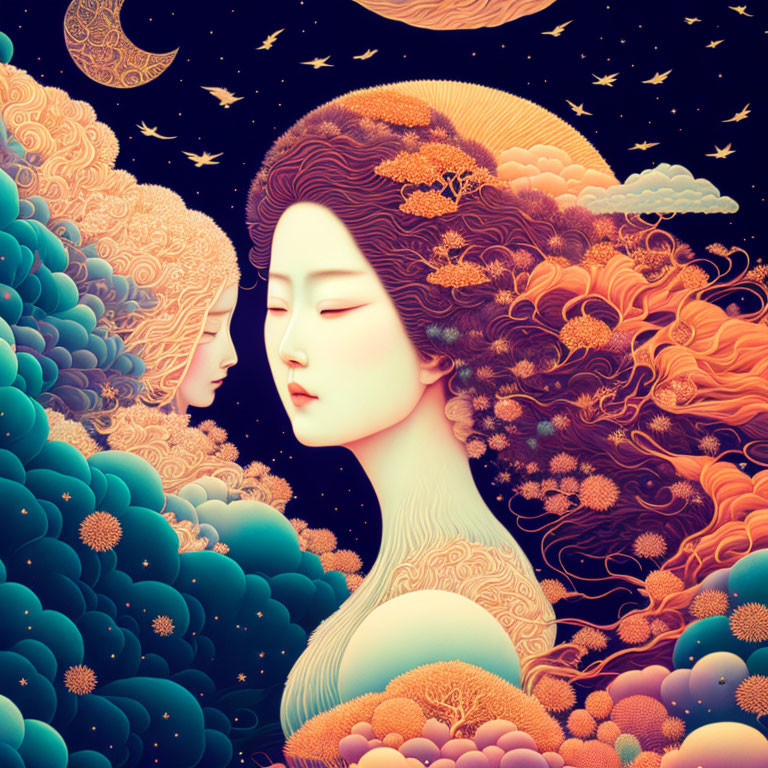 Serene woman with ornate hair in cosmic scene