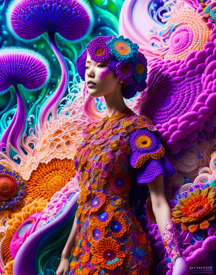 Vibrant Psychedelic Portrait with Floral Patterns