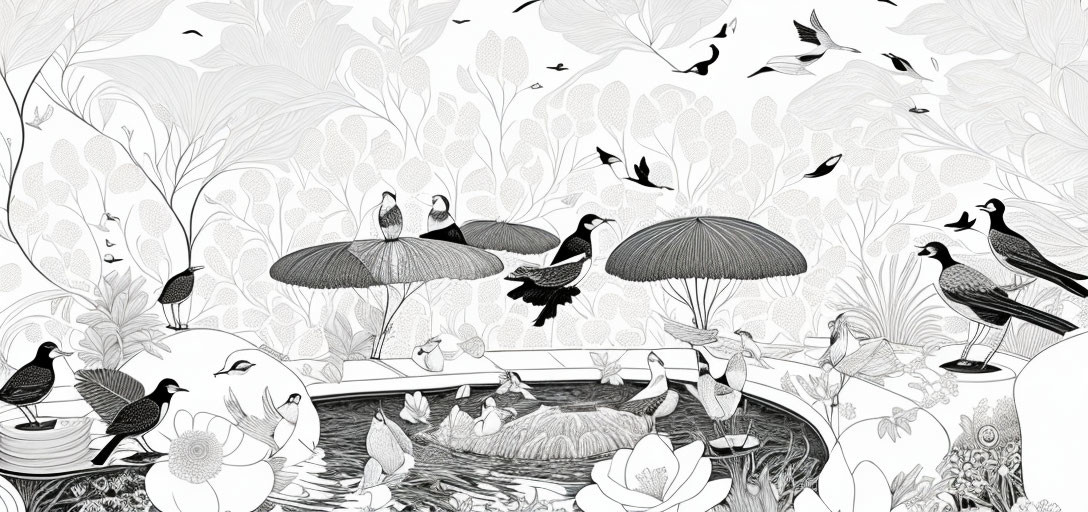 Monochromatic bird illustration above pond with lily pads