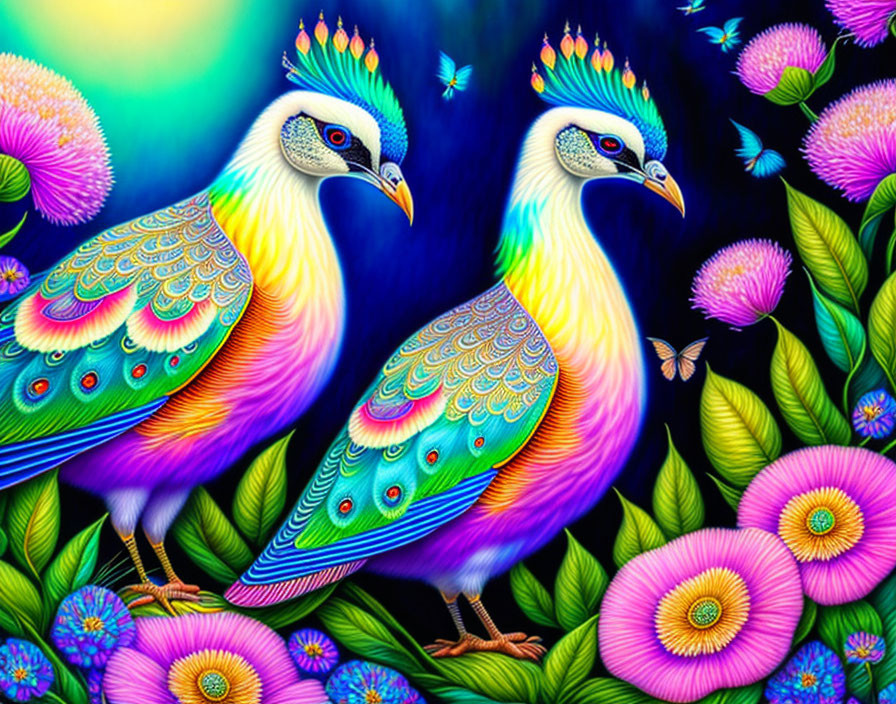 Colorful peacocks with elaborate plumage in vibrant floral scene