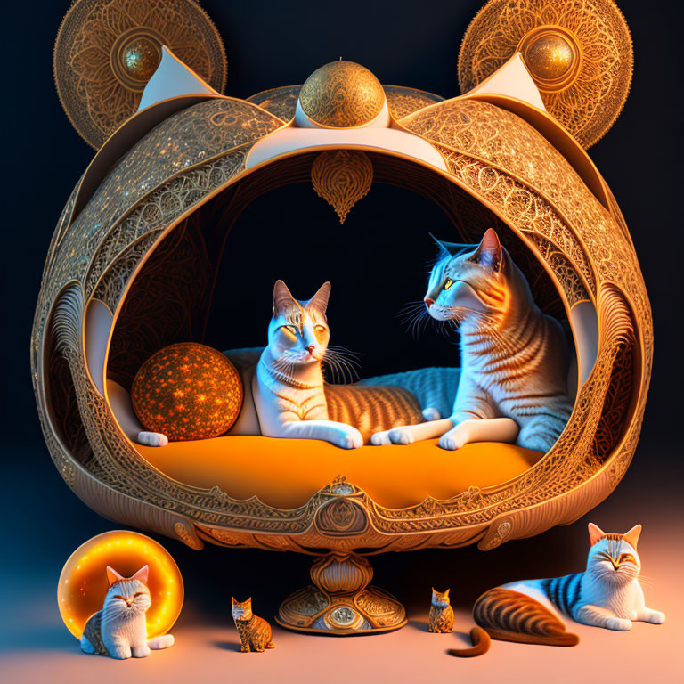 Decorative mandala-themed habitat with two cats and glowing orbs