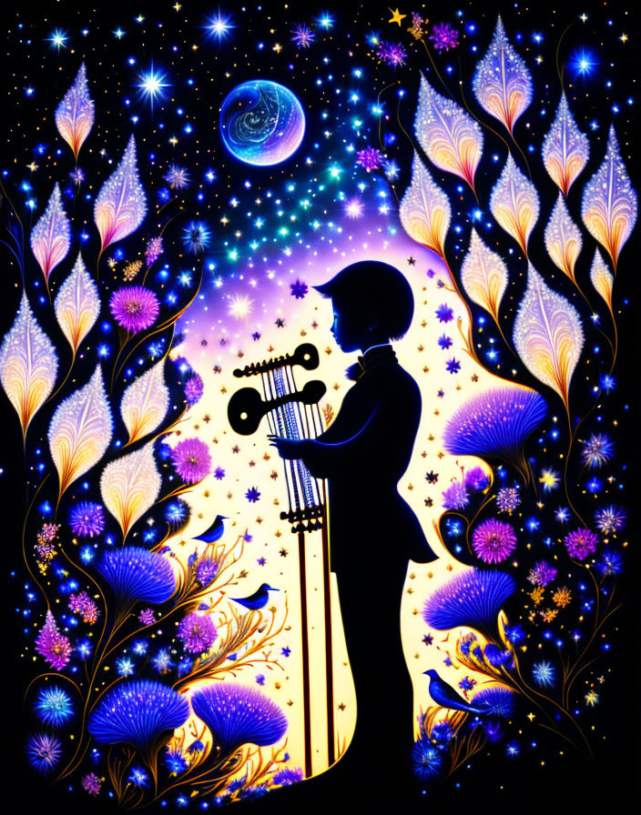 Person playing trumpet in cosmic scene with flowers and stars