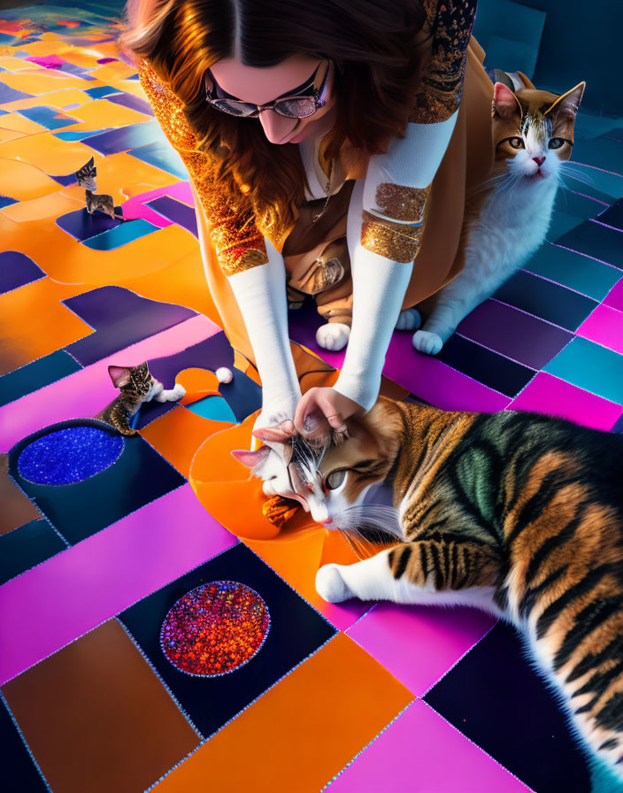 Woman in glasses petting tabby cat on colorful tiled floor