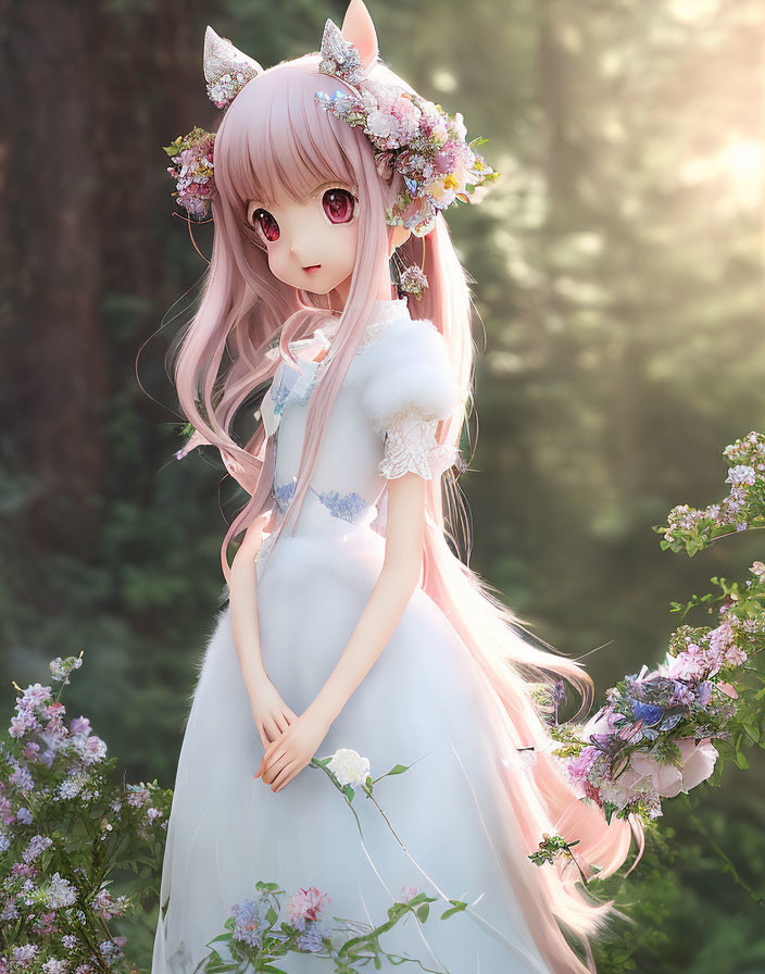 Pink-Haired Anime Character with Floral Accessories in Serene Forest