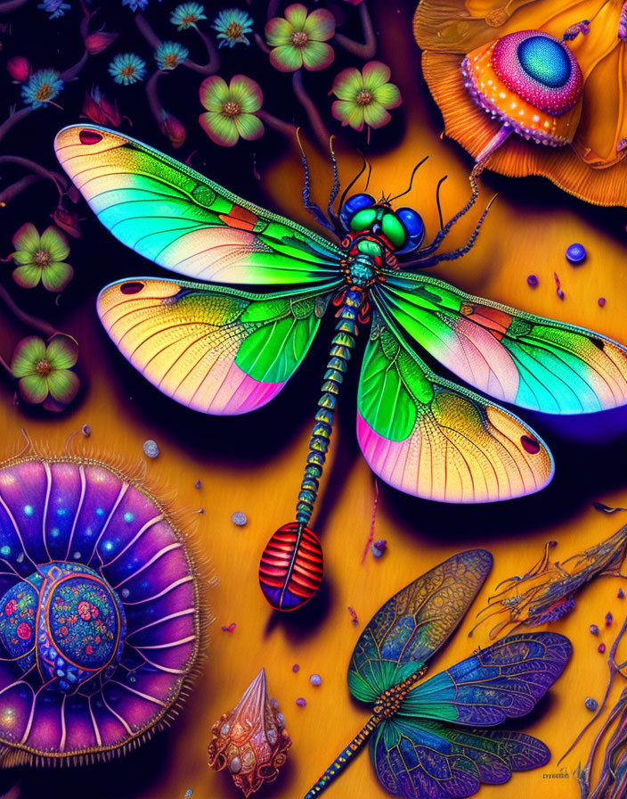 Colorful Dragonfly Artwork with Translucent Wings and Exotic Floral Fantasy Scene