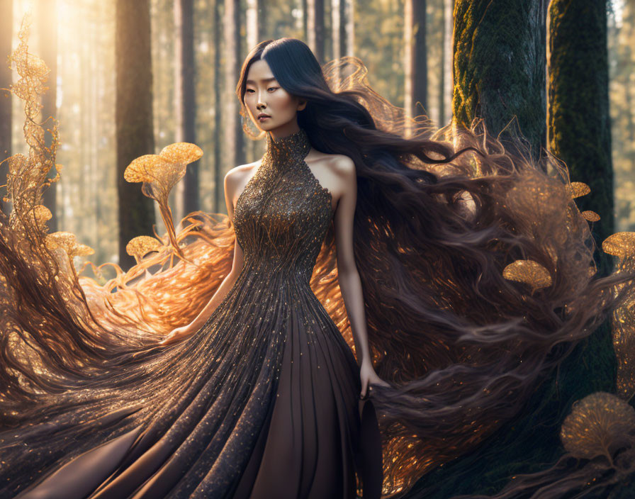 Woman in ornate brown dress standing in sunlit forest with mystical aura