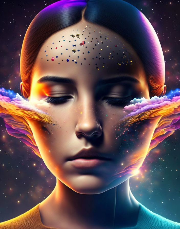 Cosmic-themed digital artwork of woman's serene face with vibrant colors