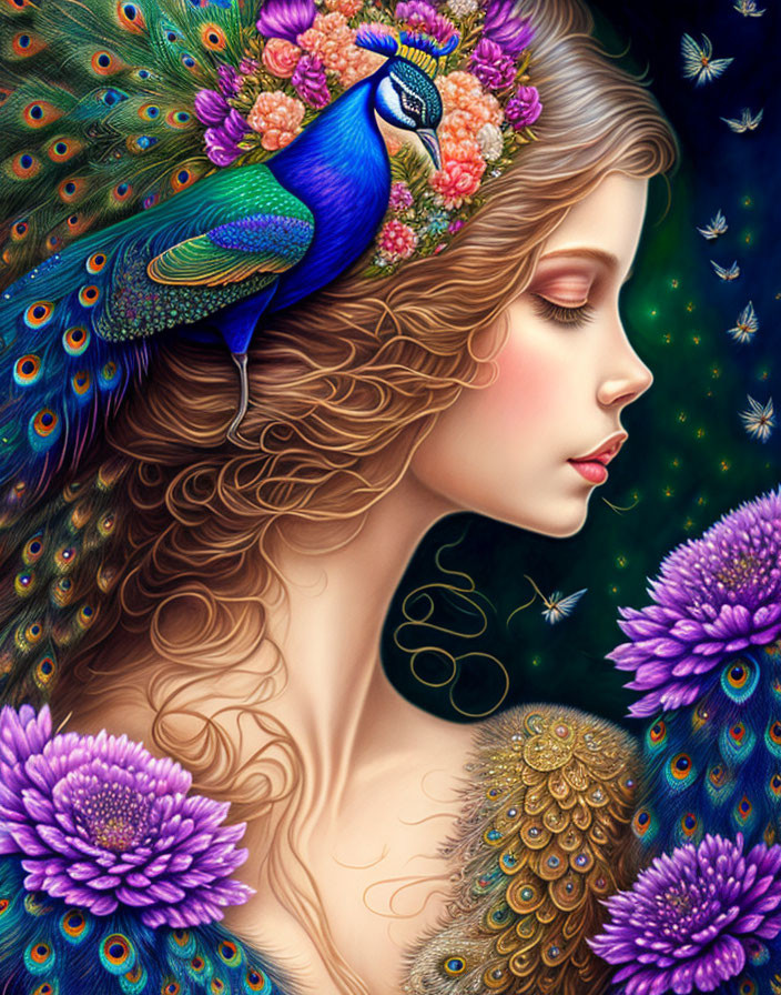 Illustration of woman with peacock feathers in hair, surrounded by flowers and fireflies on starry