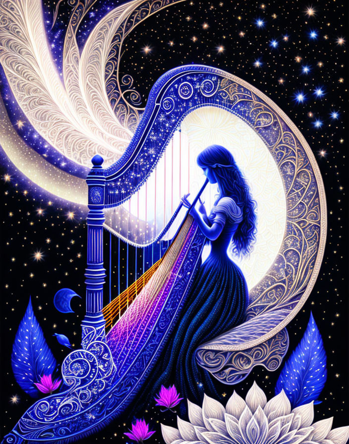 Silhouetted woman playing harp in cosmic night sky scene