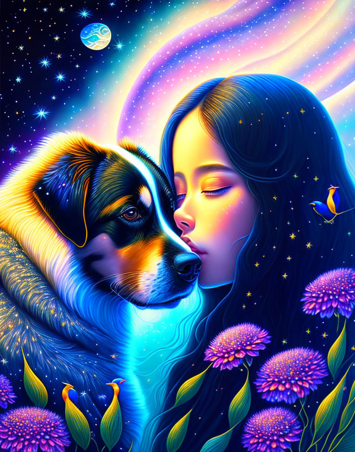 Illustration of girl with dog in cosmic setting with flowers and birds