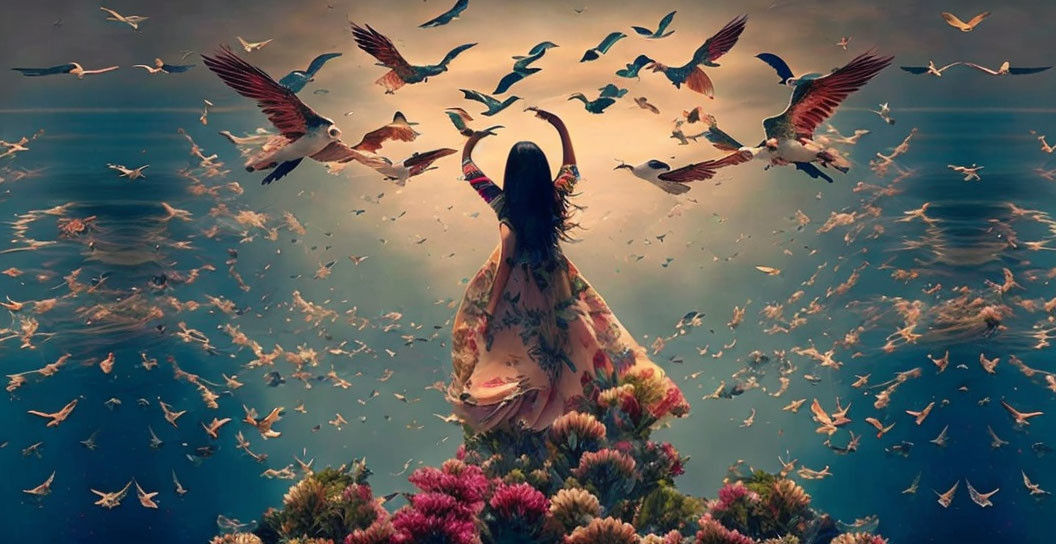 Woman with long hair surrounded by flowers and birds in surreal landscape