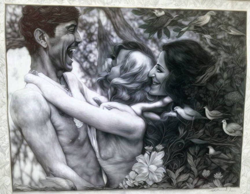 Monochromatic artwork of joyful trio embracing among intricate flora