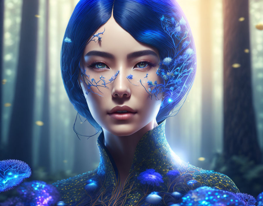 Digital artwork: Woman with blue hair and glowing floral patterns in enchanted forest