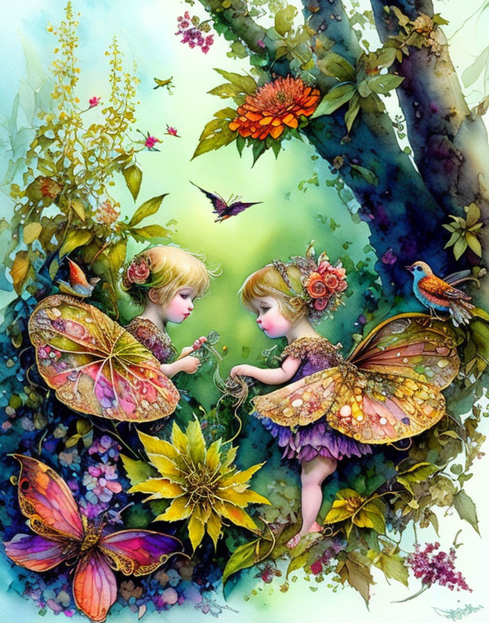 Fairy children with butterfly wings in a magical garden scene