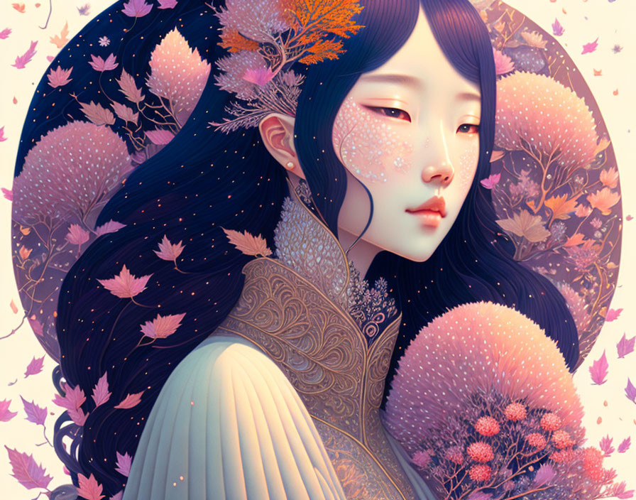 Ethereal woman with black hair in autumn foliage and flowers