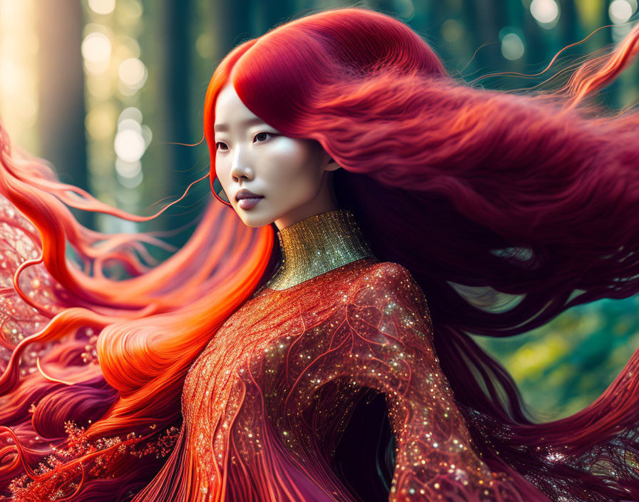 Vibrant red-haired woman in detailed red dress against natural backdrop