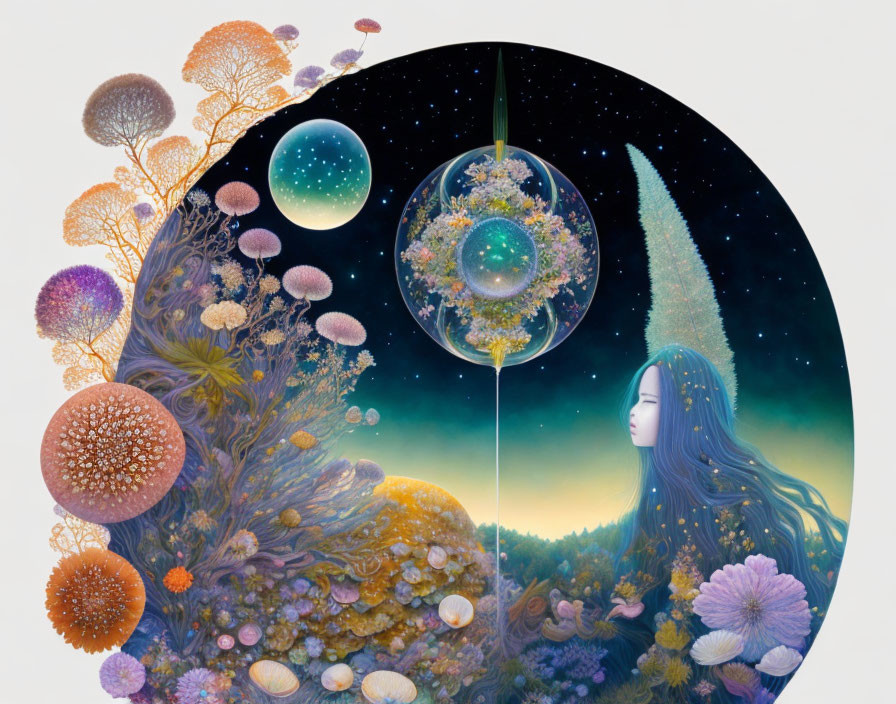 Surreal illustration of woman's profile merging with cosmic landscape