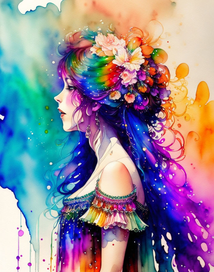 Vibrant woman profile illustration with rainbow hair and floral accents