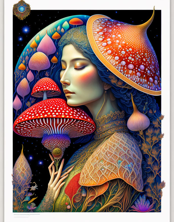 Colorful Mushroom Woman in Surreal Art Style with Celestial Motifs