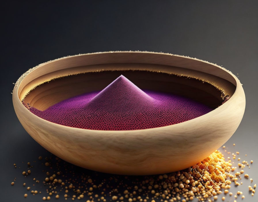 Wooden Bowl with Purple Grains on Dark Background