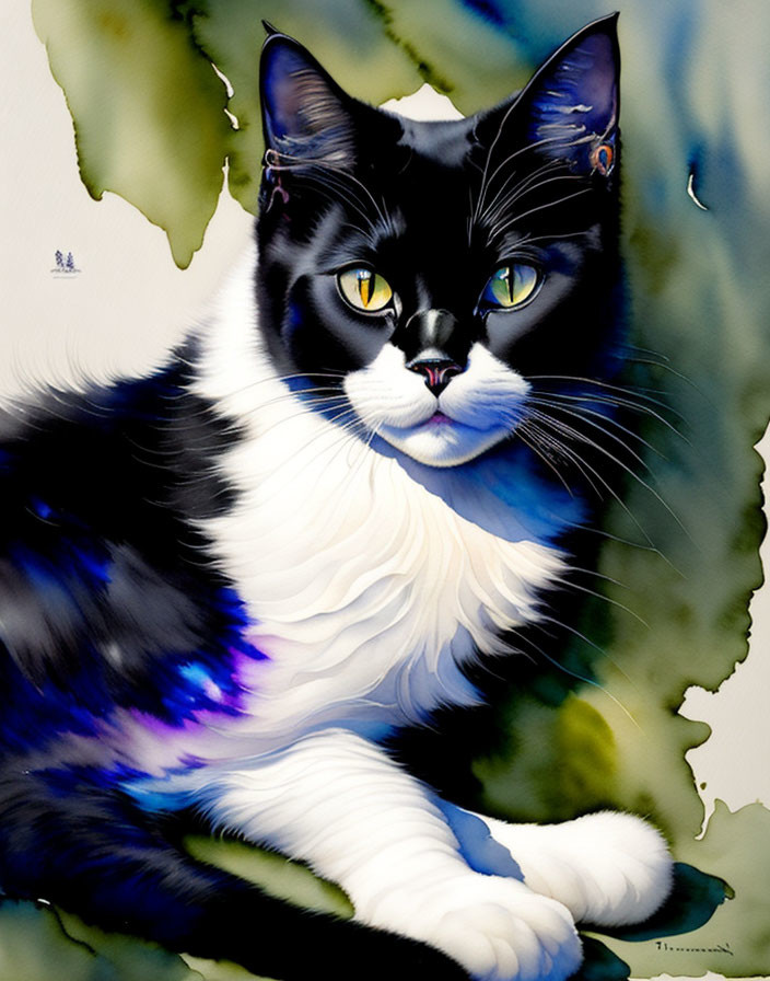 Black and White Cat Painting with Yellow Eyes and Earrings on Blue and Green Watercolor Background