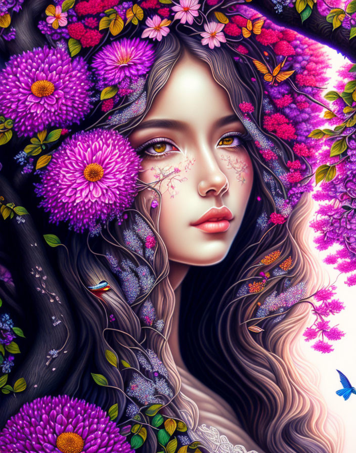 Digital artwork: Woman with long hair among vibrant purple flowers, butterflies, fairy-tale aura