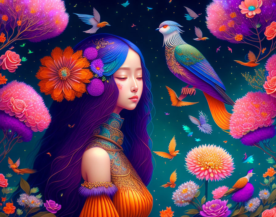 Multicolored hair woman with peacock and butterflies in vibrant floral illustration