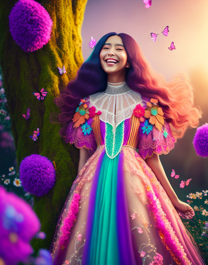 Colorful Woman with Purple Hair by Tree and Butterflies