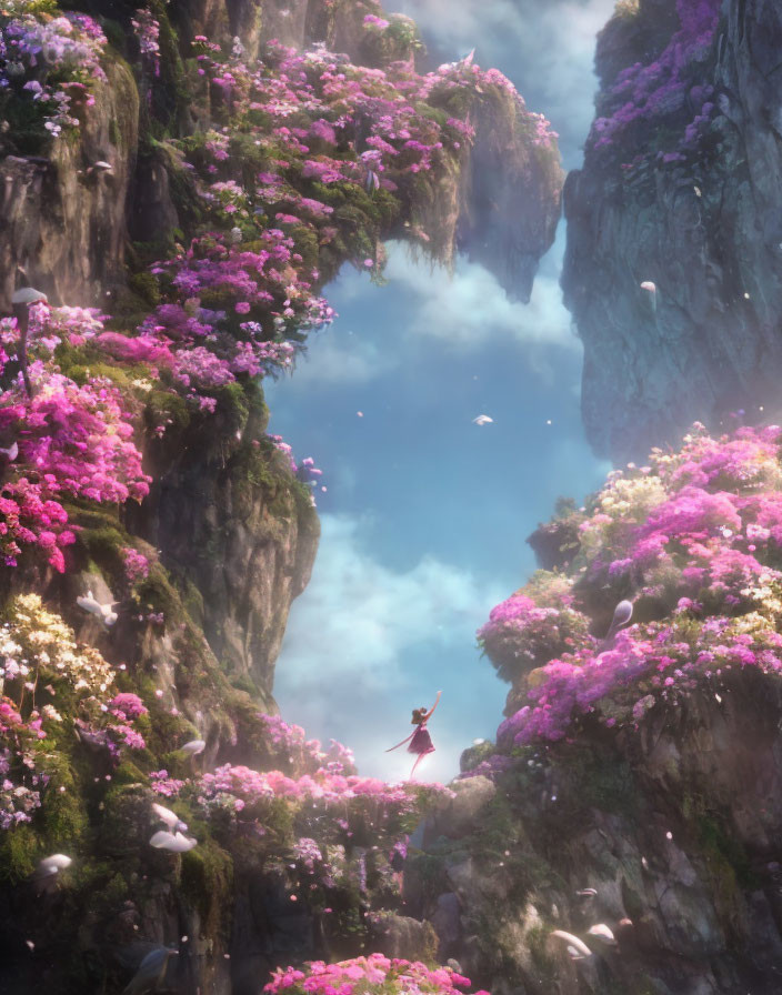 Person in red surrounded by towering cliffs and pink blossoms in a fantastical landscape.