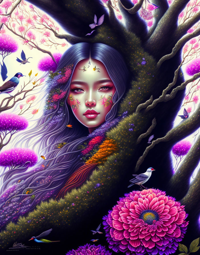 Colorful illustration of woman with floral face-paint in nature setting