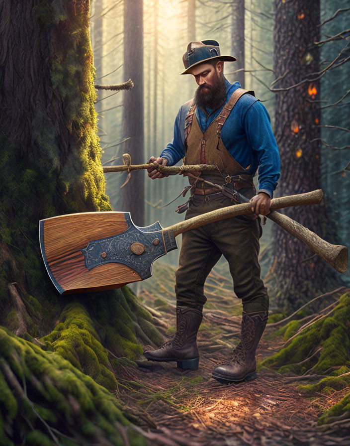 Bearded Man with Guitar-Shaped Axe in Mystical Forest