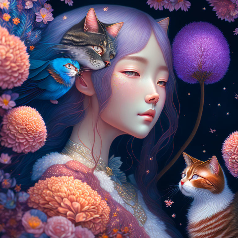 Illustration of woman with purple hair, cats, flowers, and whimsical trees under starry sky