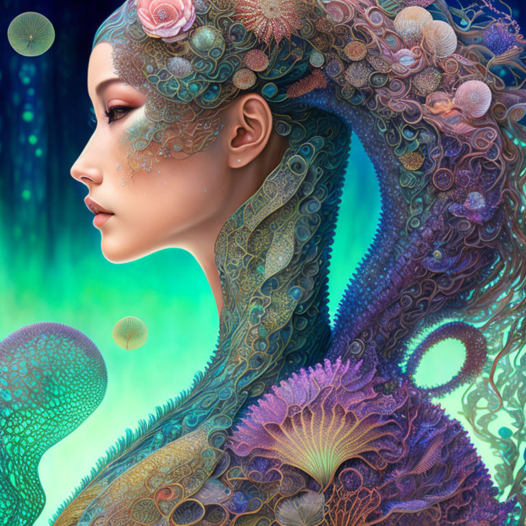 Vibrant digital artwork: Woman with sea-themed designs in hair, creating underwater fantasy ambiance