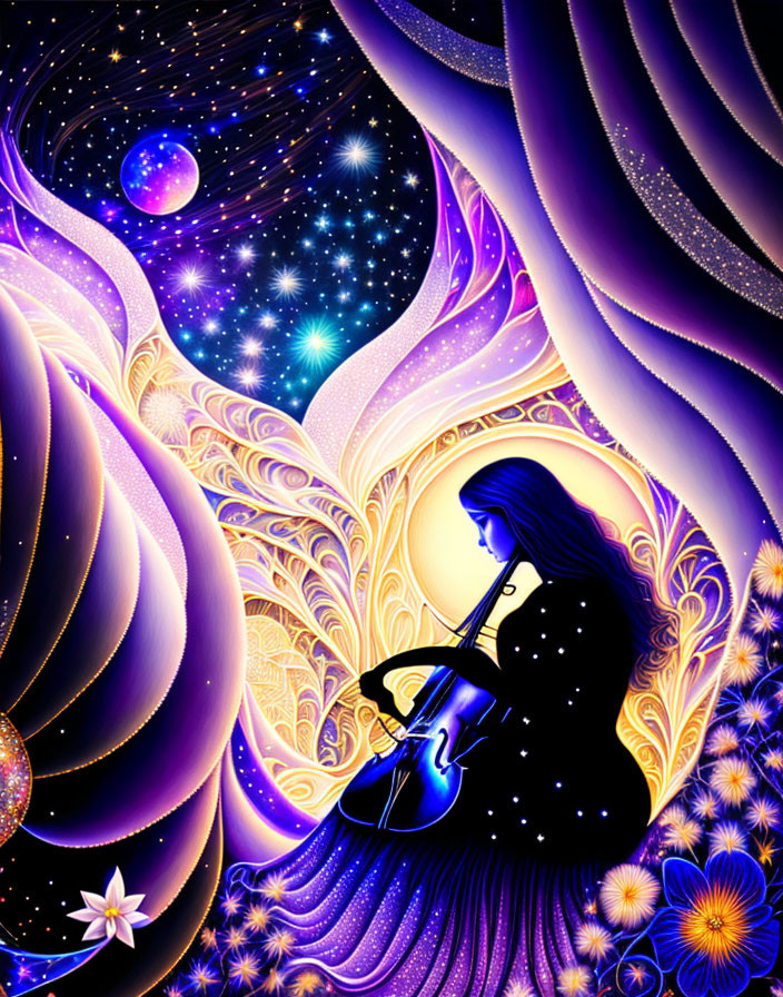 Silhouette of person playing violin in cosmic background with swirling patterns