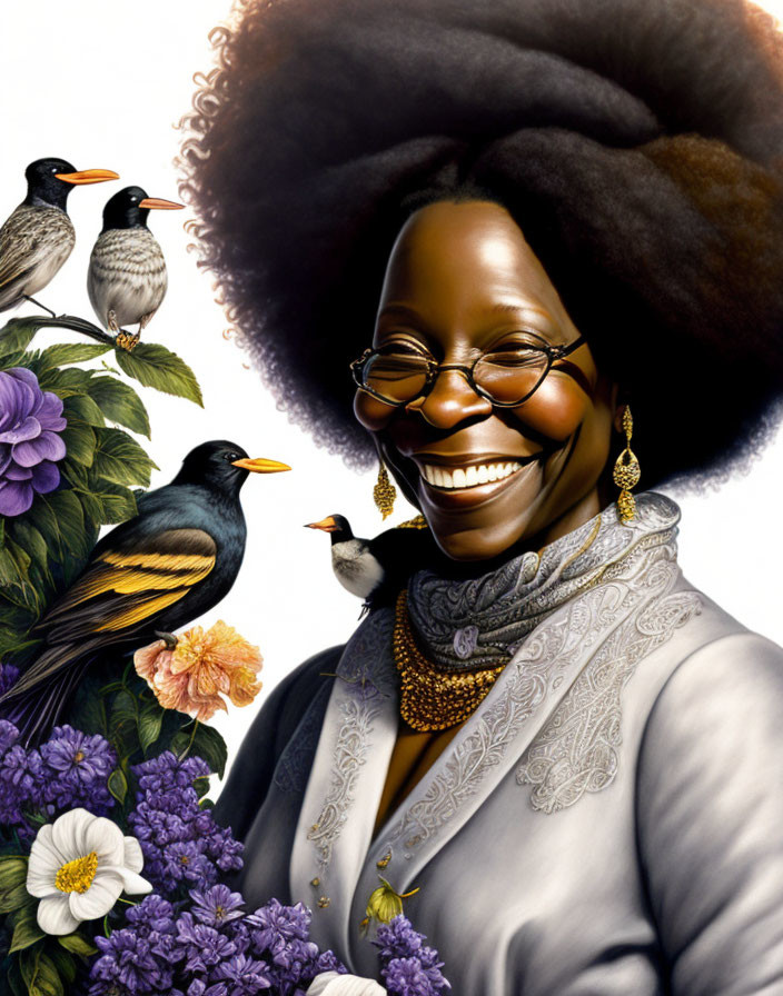 Illustration of joyful woman with wide smile, afro, glasses, gold earrings, birds, and